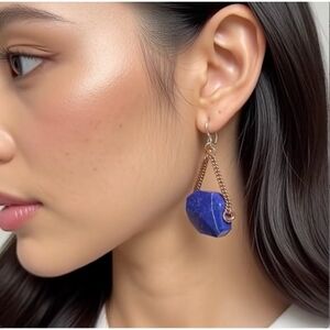 Sterling Silver Lapis Lazuli Dangle Earrings Copper Tone Chain Blue Gemstone New